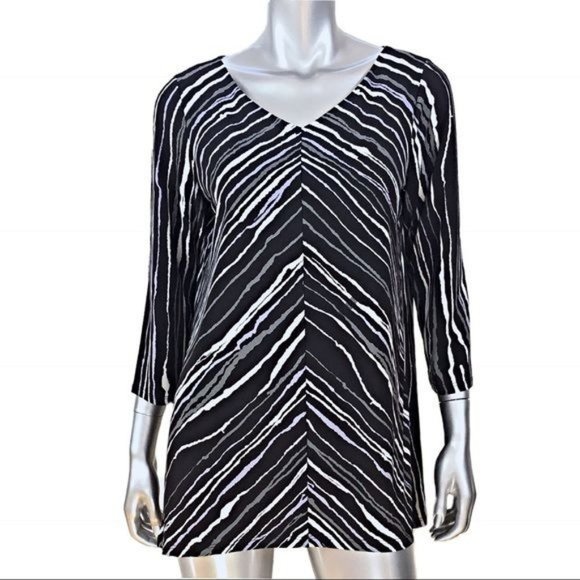 Bob Mackie Black Gray White V-Neck Wearable Art Striped Tunic Medium - Picture 5 of 6